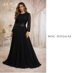 NEW Mac Duggal Black Pleated Shimmering A-line 3/4 Sleeve Dress